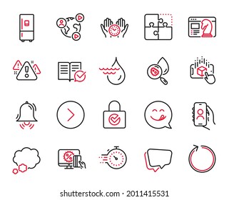 Vector Set of Technology icons related to Loop, Online shopping and Speech bubble icons. Clock bell, Hydroelectricity and Yummy smile signs. Augmented reality, Forward and User call. Timer. Vector