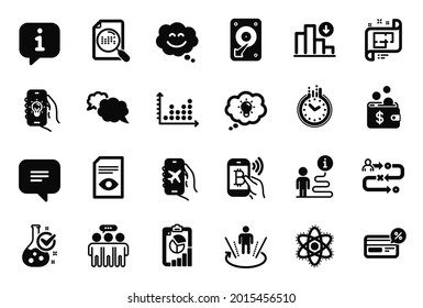 Vector Set of Technology icons related to Journey path, Architectural plan and Bitcoin pay icons. Report, Chemistry atom and Smile chat signs. Messenger, Employees group and Time. Hdd. Vector