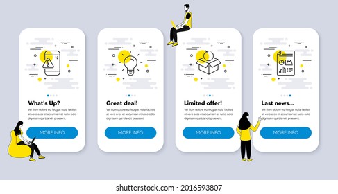 Vector Set of Technology icons related to Return package, Warning message and Light bulb icons. UI phone app screens with people. Report document line symbols. Vector