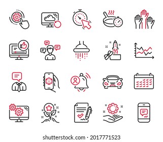 Vector Set of Technology icons related to User notification, Message and Employee hand icons. Calendar, Timer and Frying pan signs. Car, Recovery cloud and Shower. Cogwheel settings. Vector
