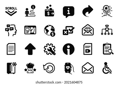 Vector Set of Technology icons related to Upload, Web mail and Health app icons. Share, Seo strategy and Refrigerator signs. Global business, Disabled and Customisation. Search analysis. Vector