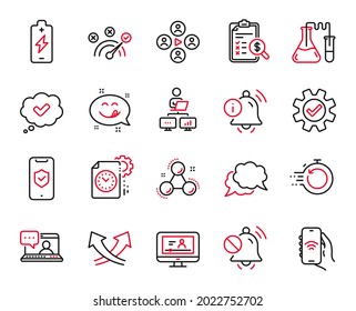 Vector Set of Technology icons related to Work home, Chemistry lab and Accounting report icons. Yummy smile, Service and Intersection arrows signs. Chat message, Mute sound and Fast recovery. Vector