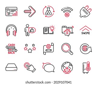 Iconos de Vector Set de Tecnología relacionados con la investigación, gestos de pantalla táctil e iconos de experimentos de Química. Informes Web, signos de Next y Refrigerator. Estrellas, enchufe eléctrico y burbuja Talk. Como. Vector
