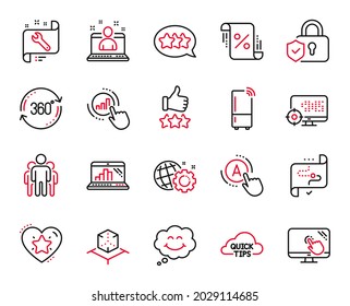 Vector Set of Technology icons related to Quick tips, Target path and Graph chart icons. Group, Rating stars and Augmented reality signs. Full rotation, Spanner and Seo. Seo gear, Stars. Vector