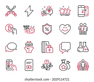 Vektorset von Technologiesymbolen zu Darlehen Prozent, Talk Bubble und Survey-Symbolen. Telefonische Kommunikation, Video-Datei und Mobile-Umfragezeichen. Idea, Stars und Chemie Labor. Blockierte Karte. Vektorgrafik