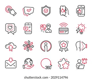 Vector Set of Technology icons related to Face id, Contactless payment and User notification icons. Like app, Friends chat and Touchscreen gesture signs. Save planet, Mobile like and Star. Vector