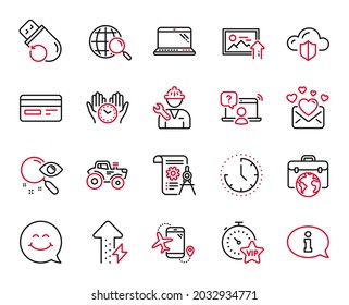 Vector Set of Technology icons related to Flash memory, Time and Tractor icons. Businessman case, Flights application and Love mail signs. Web search, Vip timer and Energy growing. Laptop. Vector