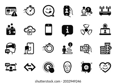 Iconos de Vector Set de Tecnología relacionados con Click hand, Aumented reality e iconos de llamadas de usuario. Riesgo químico, biométrica facial y signos de recuperación rápidos. Sincronización, Casa de préstamo y Wifi. CogWheel. Vector