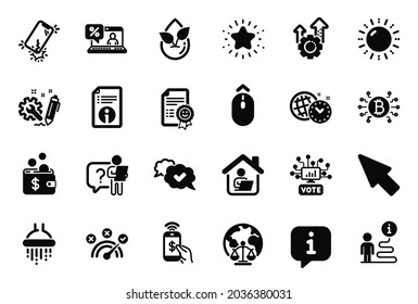 Vector Set of Technology icons related to Online voting, Seo gear and Correct answer icons. Online loan, Magistrates court and Swipe up signs. Mouse cursor, Smile and Technical info. Vector