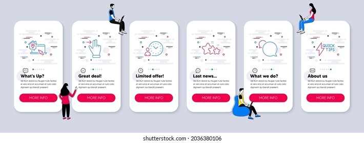 Iconos de Vector Set de Tecnología relacionados con gestos de pantalla táctil, manejo de tiempo e iconos de estrellas. pantallas de aplicación de teléfono de interfaz de usuario con trabajo en equipo. Trabajar en casa, Messenger y símbolos de línea de guía de inicio rápido. Vector