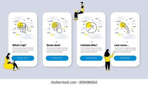 Vector Set of Technology icons related to Click, Online voting and Direction icons. UI phone app screens with people. Chemistry pipette line symbols. Vector