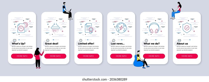 Vector Set of Technology icons related to Project deadline, Headphones and Electricity icons. UI phone app screens with teamwork. Shower, Smile and Security shield line symbols. Vector