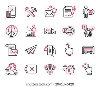 Vektorset von Technologiesymbolen für Entfernen, Spanner-Tool und LKW-Transportsymbole. Schilder für Papierebene, Stats und Heimwerker. Magistrates Court, Teamwork und Mail Brief. Handklick. Vektorgrafik