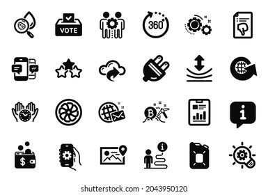 Vector Set of Technology icons related to Canister oil, Bitcoin mining and Ranking stars icons. Fan engine, Vote box and Photo location signs. Cogwheel, World mail and Resilience. Gears. Vector