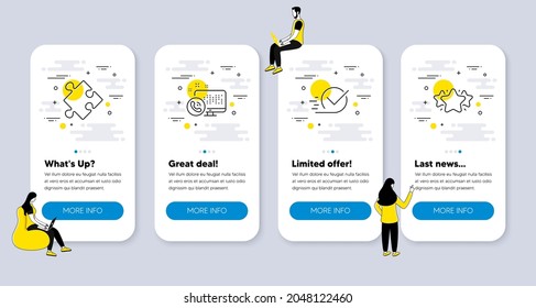Iconos del conjunto de vectores de tecnología relacionados con la llamada Web, la casilla de verificación y los iconos de estrategia. pantallas de aplicación de la interfaz de usuario con personas. Símbolos de línea de estrella. Soporte telefónico, aprobado, rompecabezas. Favorito. Vector