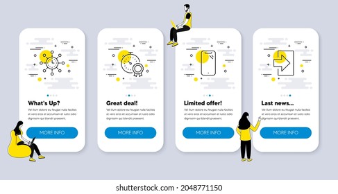 Vector Set of Technology icons related to Smartphone, Best result and World time icons. UI phone app screens with people. Login line symbols. Phone, Timer award, Measurement device. Sign in. Vector