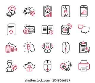 Vector Set of Technology icons related to Web system, Edit person and Seo stats icons. Scroll down, Cloud protection and Money loss signs. Speech bubble, Swipe up and Technical info. Gears. Vector