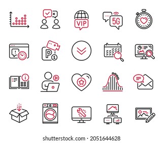 Vector Set of Technology icons related to Heartbeat timer, Roller coaster and New mail icons. Monitor repair, Project deadline and Parking security signs. Video conference, Scroll down. Vector