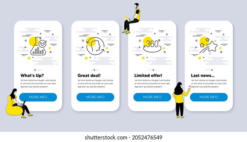 Vector Set of Technology icons related to Face id, Chemistry lab and Full rotation icons. UI phone app screens with people. Falling star line symbols. Vector