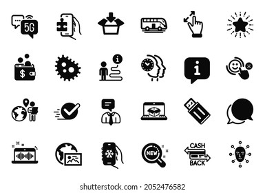 Vector Set of Technology icons related to Web photo, Chat message and Usb flash icons. Checkbox, Touchscreen gesture and Face biometrics signs. Info bubble, journey path. Vector