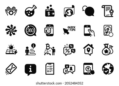 Vector Set of Technology icons related to Discounts chat, E-mail and Reject certificate icons. Chemistry lab, Messenger and Bitcoin project signs. Swipe up, Quick tips and Interview. Vector