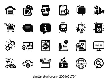 Vektorset von Technologiesymbolen für Cloud-Computing, Elektrische Glühbirnen und Staubsauger-Symbole. Suchzeichen, Messenger und Telefonnummern. Info-Blase, Reiseweg. Vektorgrafik