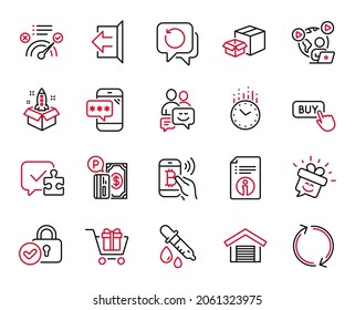Vector Set of Technology icons related to Technical info, Verified locker and Smile icons. Communication, Correct answer and Bitcoin pay signs. Shopping cart, Parking payment and Refresh. Vector