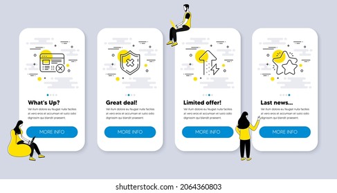 Vector Set of Technology icons related to Energy growing, Reject protection and Reject web icons. UI phone app screens with people. Star line symbols. Power usage, No security, No internet. Vector