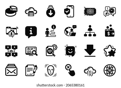 Vector Set of Technology icons related to Management, Outsource work and Scroll down icons. Face detection, Cloud sync and Downloading signs. Cloud server, Video conference and 5g internet. Vector