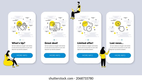 Vector Set of Technology icons related to Smartphone holding, Monitor repair and Cooking timer icons. UI phone app screens with people. Reject click line symbols. Vector