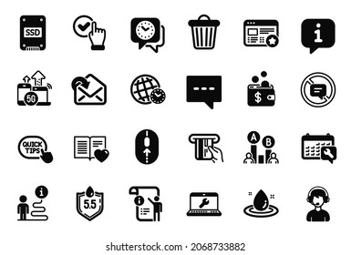 Vector Set of Technology icons related to Favorite, Laptop repair and Manual doc icons. Spanner, Swipe up and Quick tips signs. Love book, 5g internet and Time zone. Ab testing, Ssd and Blog. Vector