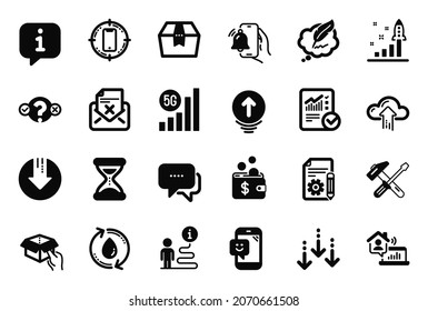 Iconos de Vector Set de Tecnología relacionados con los iconos de destino de Mensajes, Carga en la nube y Smartphone. Cuadro de espera, Documentación y signos de cálculo marcados. Reloj de alarma, Plan de desarrollo y aceleración. Vector