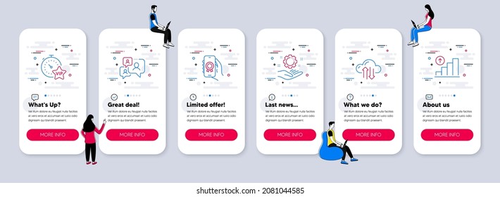 Vector Set of Technology icons related to Award app, Cloud sync and Employee hand icons. UI phone app screens with teamwork. Support chat, Vip timer and Graph chart line symbols. Vector