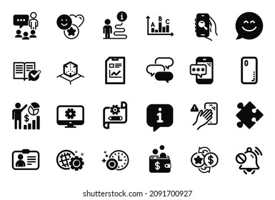 Vector Set of Technology icons related to People chatting, Id card and Mute sound icons. Dont touch, Augmented reality and Talk bubble signs. Search app, Smile chat and Seo statistics. Vector
