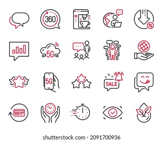 Vector Set of Technology icons related to Refund commission, Yummy smile and People chatting icons. 5g internet, Cooking timer and Coffee maker signs. Refund commission web symbol. Vector