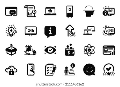Vector Set of Technology icons related to Inspiration, Smile and Web call icons. Outsource work, Survey checklist and Cloud protection signs. Increasing percent, Online shopping and Report. Vector