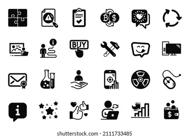 Vector Set of Technology icons related to Recycling, Checklist and Recruitment icons. Photo studio, Puzzle and Computer signs. Search document, Buying and Spanner tool. Bitcoin exchange. Vector