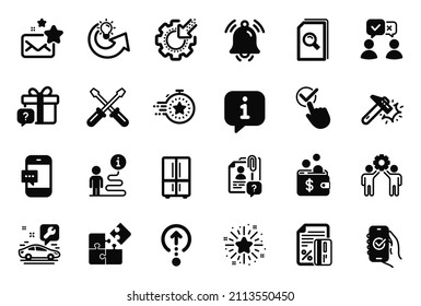 Vector Set of Technology icons related to Puzzle, Timer and Smartphone message icons. Credit card, Hammer blow and Search files signs. Car service, Approved app and People voting. Checkbox. Vector