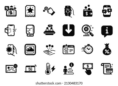 Vector Set of Technology icons related to Covid app, Load document and Consolidation icons. Electricity power, Employees talk and Loyalty ticket signs. Travel loan, Water cooler and Timer. Vector