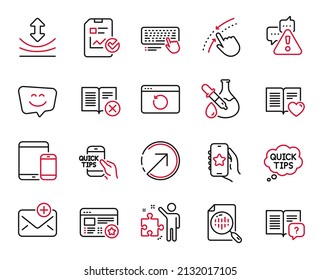 Vector Set of Technology icons related to Mobile devices, Recovery internet and Strategy icons. Smile face, Quick tips and Chemistry experiment signs. Favorite, Education and Resilience. Vector