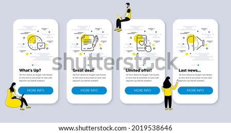 Vector Set of Technology icons related to Heart rating, Select alarm and Signing document icons. UI phone app screens with people. Face id line symbols. Phone feedback, Time symbol, Contract. Vector