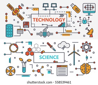 Vector set of Technology and Science concept banners. Linear schemes. Thin line flat design infographic elements, icons for web, presentation and printing.