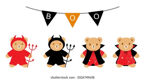 Vector - Set of Teddy bear wearing black and red devil suit with trident. Bunting "BOO". Clip art. Can be use decorate any card,  banner, web, poster, print, sticker.