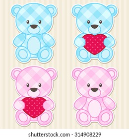 Vector set of teddy bears for boys and girls in blue and pink colors