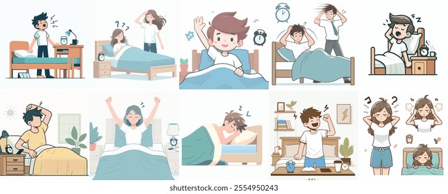 Vector Set of a Teenager Waking Up with a Simple Flat Design Style