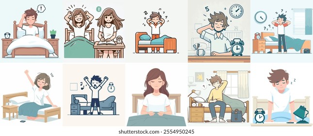 Vector Set of a Teenager Waking Up with a Simple Flat Design Style