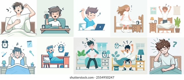 Vector Set of a Teenager Waking Up with a Simple Flat Design Style