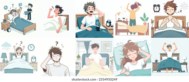 Vector Set of a Teenager Waking Up with a Simple Flat Design Style