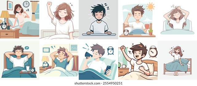 Vector Set of a Teenager Waking Up with a Simple Flat Design Style