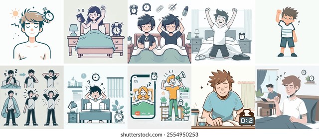 Vector Set of a Teenager Waking Up with a Simple Flat Design Style